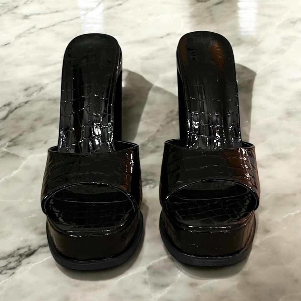 Black platform croc animal print high heel open peep toe mule sandals - Picture 9 of 9